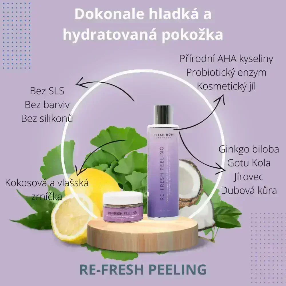 Vyhlazující a regenerační AHA peeling s kokosovými zrníčky pro projasnění, obnovu a revitalizaci pokožky 