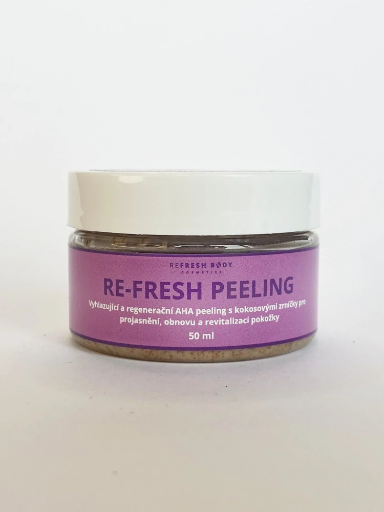 Vyhlazující a regenerační AHA peeling s kokosovými zrníčky pro projasnění, obnovu a revitalizaci pokožky 